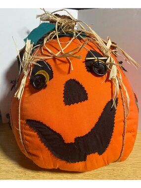 Fabric Pumpkin Scarecrow Fall Décor Button Eyes & Straw Details Patchwork VTG80s